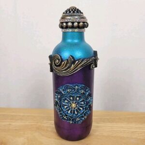 Handmade Mixed Media Embellished Art Bottle Purple Teal Maximalist Boho-Regency